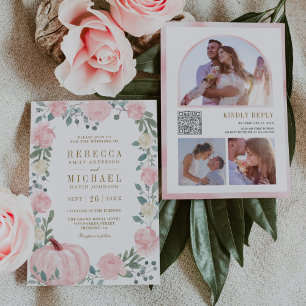 Rustikaler Rosa Floraler Kürbis QR-Code Hochzeit Einladung