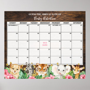 Rustikaler Rosa Safari Baby Geburtstermin Kalender Poster