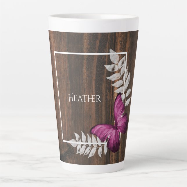 Rustikaler Rosa Schmetterling Personalisiert Latte Milchtasse (Vorderseite)