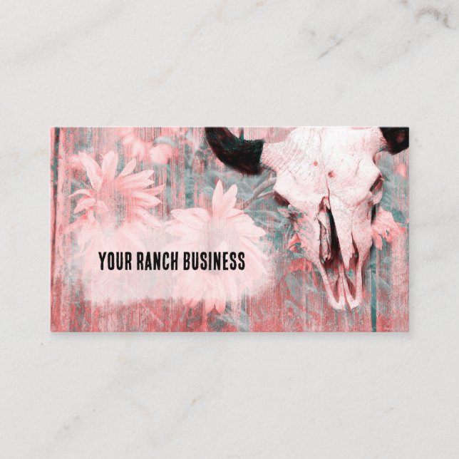 Rustikaler Rosa Western Bull Skull Sonnenblumen Ho Visitenkarte (Vorderseite)