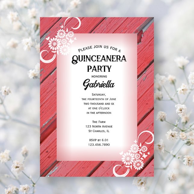 Rustikaler Roter Bartholzer Blumenfarm Quinceanera Einladung (Von Creator hochgeladen)