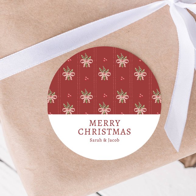 Rustikaler roter botanischer Weihnachtsaufkleber Runder Aufkleber (Rustic Red Christmas Botanicals Sticker | Watercolor Greenery & Holiday Bows by Painted Paperie)