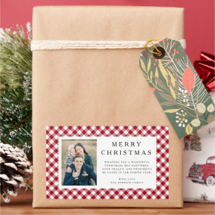 Rustikaler roter Gingham-Foto-Weihnachten Rechteckiger Aufkleber