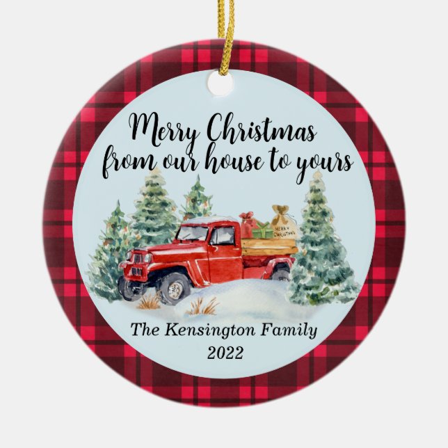 Rustikaler Roter Lkw - Buffalo Kariert - Familie d Keramik Ornament (Vorne)