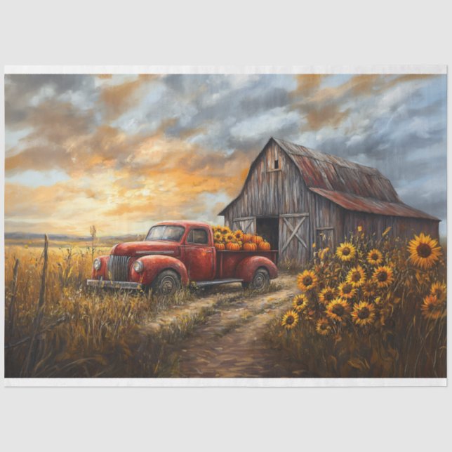 Rustikaler roter LKW mit Pumpkins und Sonnenblumen Seidenpapier (Vorderseite)