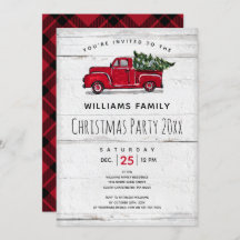 Rustikaler roter LKW Weihnachtsbaum Einladung