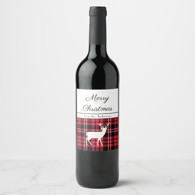 Rustikaler Roter Tartan Karierte Hirschweihe Weinetikett (Vorderseite)