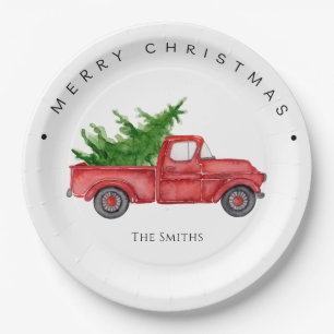 Rustikaler roter Wasserfarben-LKW mit Weihnachtsba Pappteller