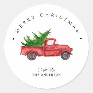Rustikaler roter Wasserfarben-LKW mit Weihnachtsba Runder Aufkleber