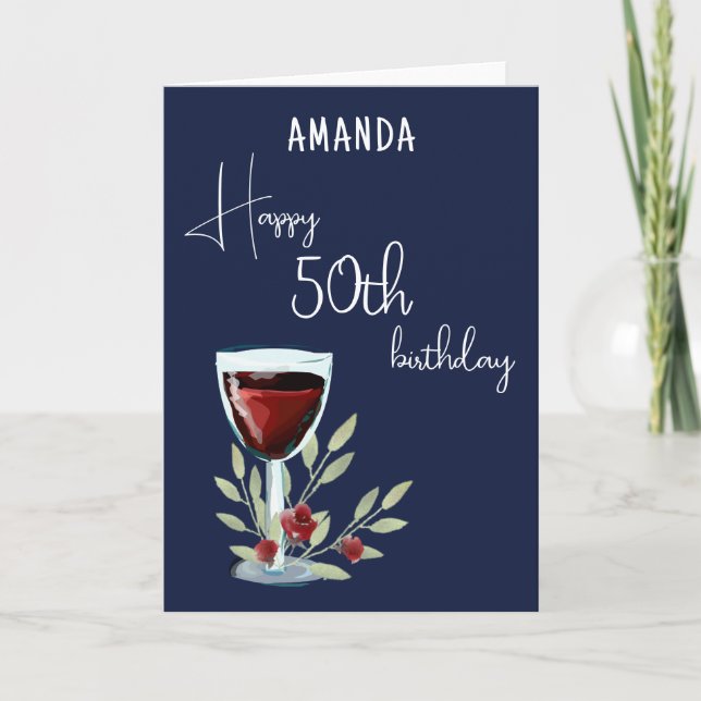 Rustikaler Rotwein Glass Olive 50th Happy Birthday Einladung (Vorderseite)