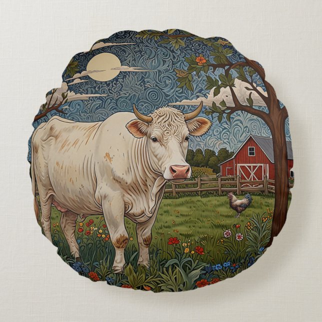 Rustikaler, rustikaler Bohobau-Bauernhof Rundes Kissen (Vorderseite)
