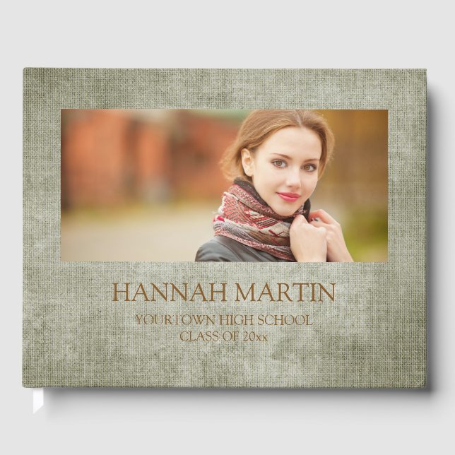 Rustikaler Sage Green Burlap Linen Abschluss Gästebuch (Vorderseite)