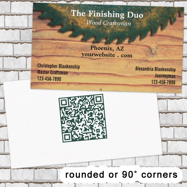 Rustikaler Sägeblätterholz - QR-Code mit zwei Name Visitenkarte (A contracting, woodworking dual name business card design with QRr code on the back. )