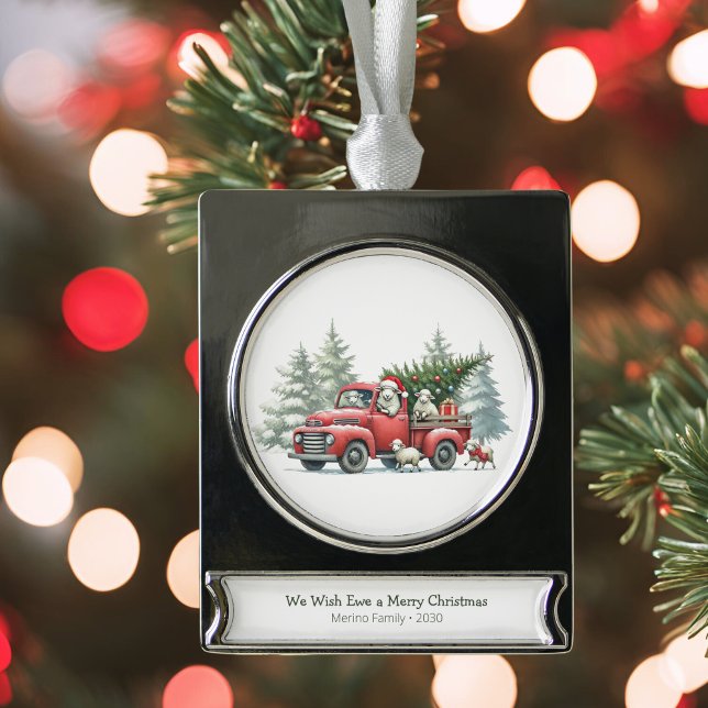 Rustikaler Schafroter Lkw Banner-Ornament Silber (silver frame "we wish ewe a merry christmas" rustic vintage red truck ornament)