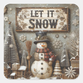 Rustikaler Schneemann 'Let it Snow' Winteraufklebe Quadratischer Aufkleber