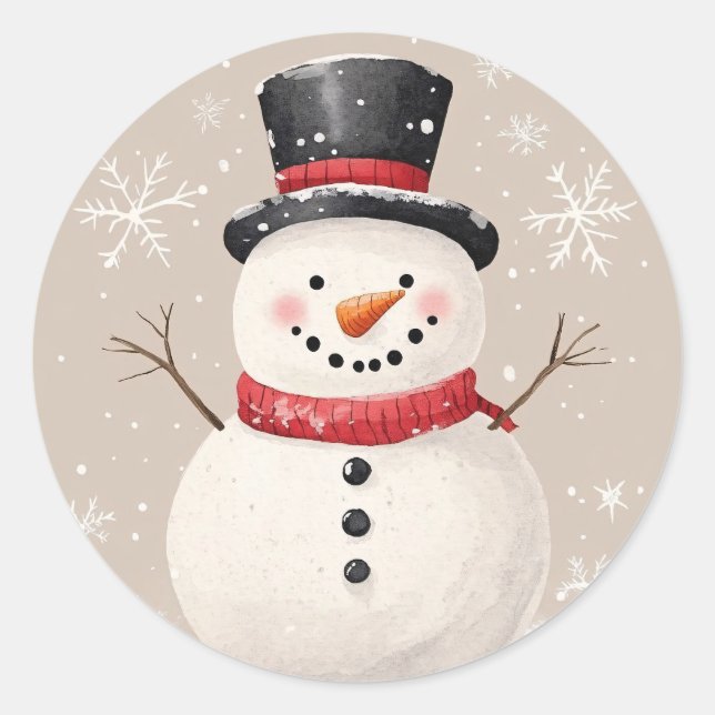 Rustikaler Schneemann mit Schneeflocken Illustrati Runder Aufkleber (Vorderseite)