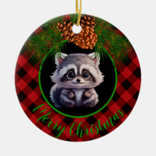 Rustikaler, schwarz-grauer karierter Kiefernzapfen Keramik Ornament
