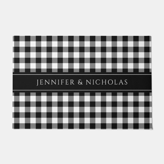 Rustikaler Schwarz-Weiß-Karo-Gingham-Name  Fußmatte (Vorderseite)