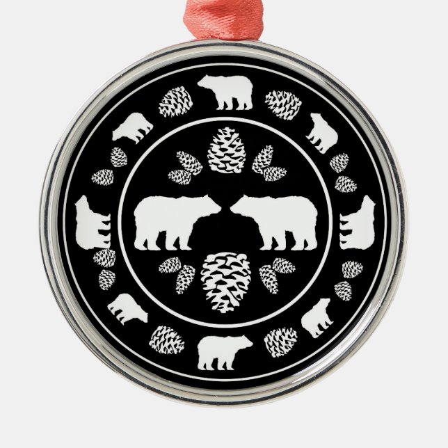 Rustikaler schwarzer Bärenpinecon runder Ornament (Vorne)