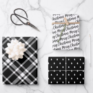 Rustikaler Schwarzer Tartan Kariert Frohe Weihnach Geschenkpapier Set