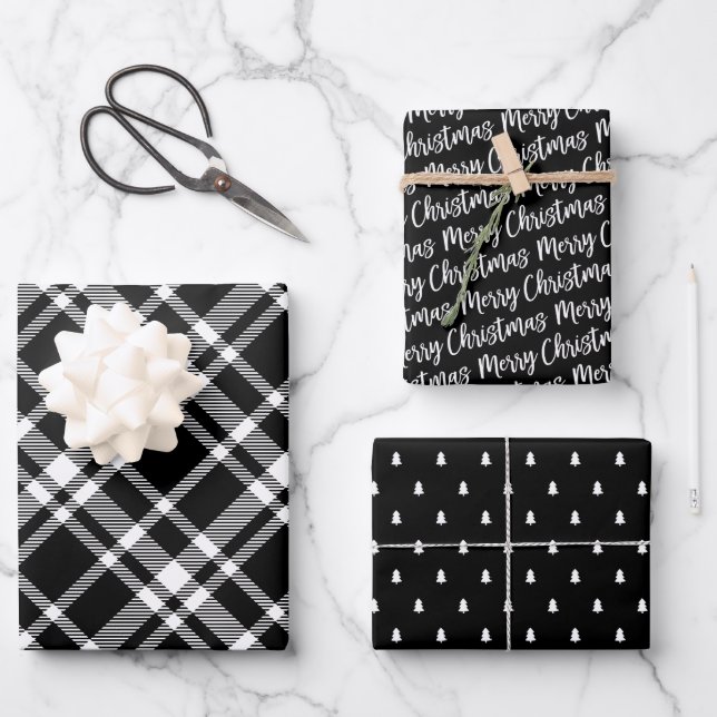 Rustikaler Schwarzer Tartan Kariert Frohe Weihnach Geschenkpapier Set (Vorderseite)