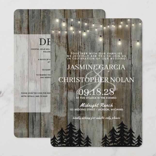 Rustikaler Schwarzwald mit QR-Code Hochzeit Einladung (Vorne/Hinten)