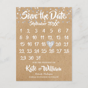 Rustikaler Silber-Liebesherz-Kalender Save-the-Dat Ankündigungspostkarte