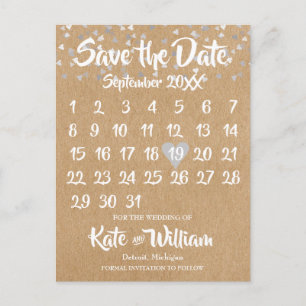 Rustikaler Silber-Liebesherz-Kalender Save-the-Dat Ankündigungspostkarte