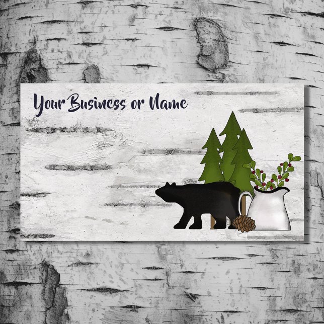 Rustikaler Silhouette Bär auf Birkenbrücke Visitenkarte (Front - Rustic Country Silhouette Bear on Birch Tree Bark Business Card)