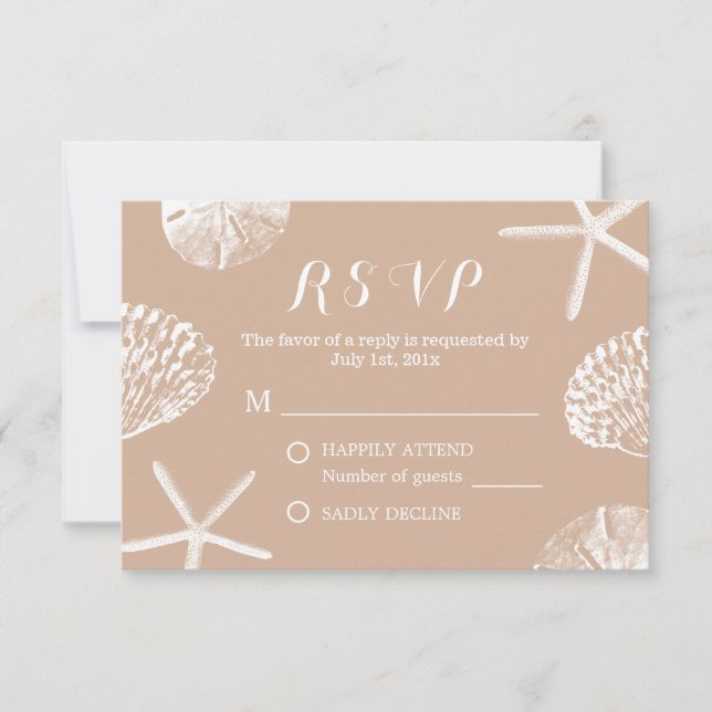 Rustikaler Sommer Beach Seashells Wedding RSVP Karte (Vorderseite)