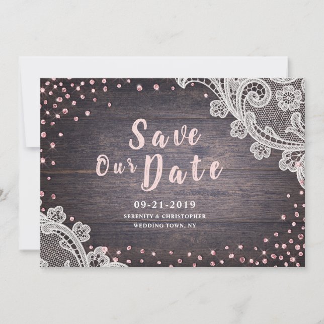 Rustikaler Spitzen und Glitzer mit Holzblüte Save  The Date (Vorderseite)