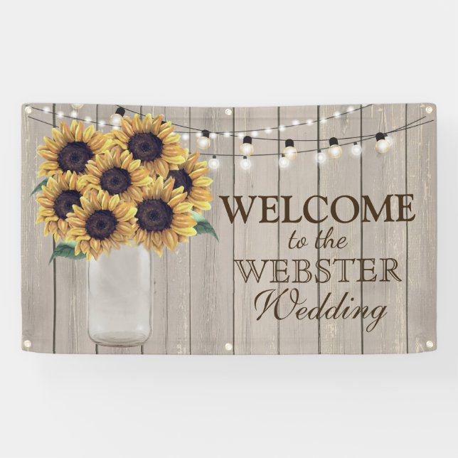 Rustikaler Stall Hochzeit Sonnenblumen Mason Jar Banner (Horizontal)