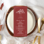 Rustikaler Stall Mute Red Hochzeit im Herbst Menükarte<br><div class="desc">Hochzeitsempfang mit rustikaler Scheunentalbung über matt rotem Hintergrund.</div>