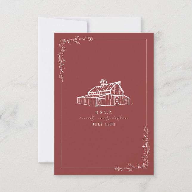 Rustikaler Stall Mute Red Wedding RSVP Karte (Vorderseite)