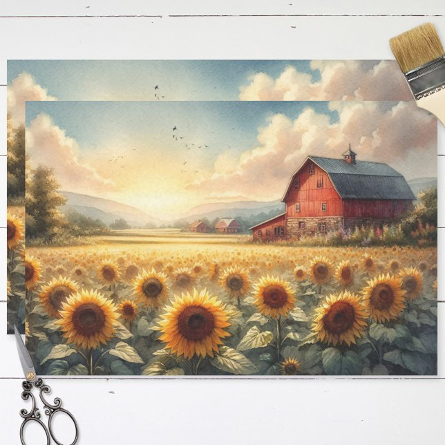 Rustikaler Stall und Sonnenblumen Wasserfarben Seidenpapier (Von Creator hochgeladen)
