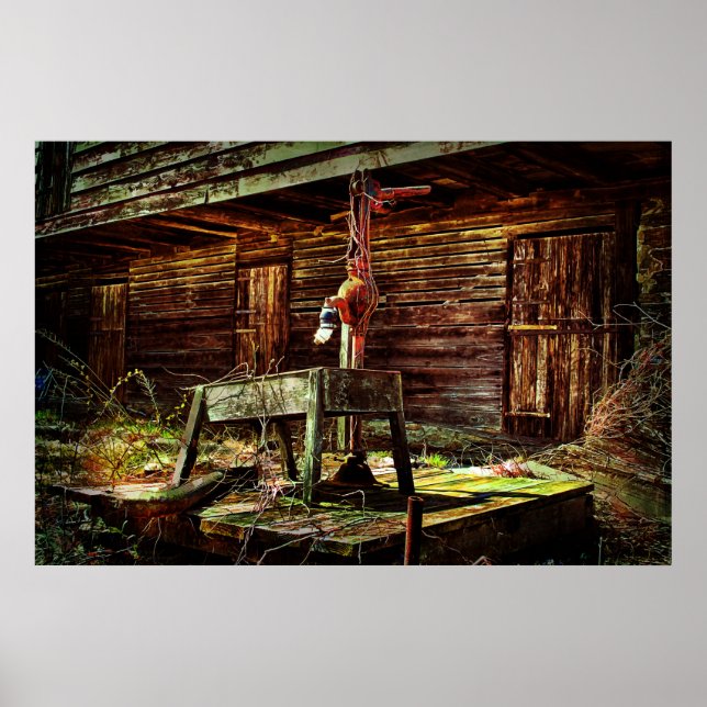 Rustikaler Stall und Wasserpumpe Poster (Vorne)