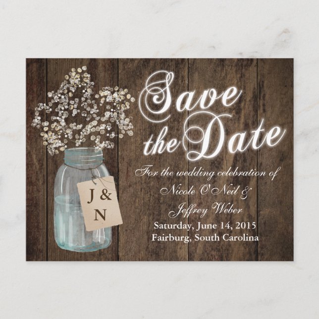 Rustikaler Stall Wedding Wood Mason Jar Babys Atem Ankündigungspostkarte (Vorderseite)