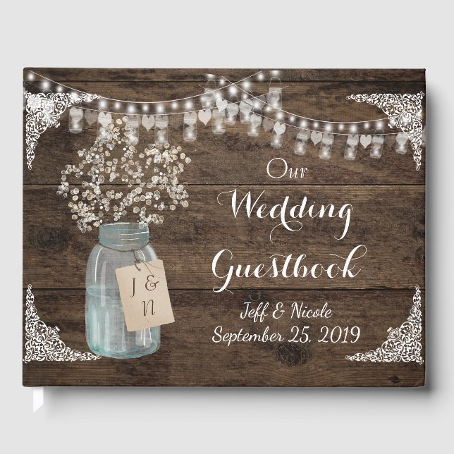 Rustikaler Stall Wedding Wood Mason Jar Babys Atem Gästebuch (Vorderseite)