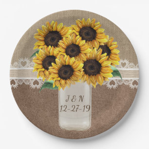 Rustikaler Stall Wedding Wood Mason Jar Sonnenblum Pappteller