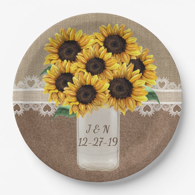 Rustikaler Stall Wedding Wood Mason Jar Sonnenblum Pappteller (Vorderseite)
