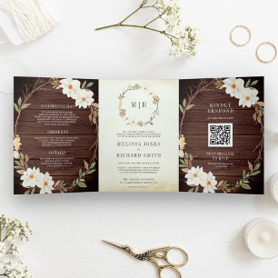 Rustikaler Stall Wood Magnolia Floral QR Code Hoch Dreifach Gefaltete Einladung