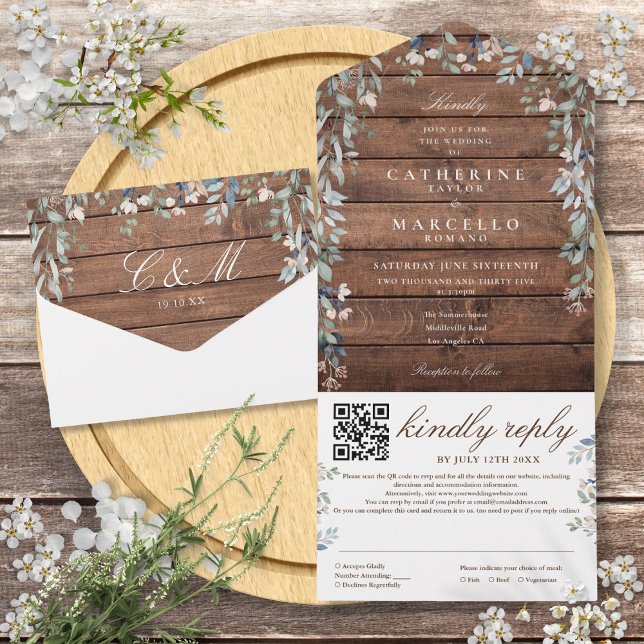 Rustikaler Stallholz Blumengrün QR Code Hochzeit All In One Einladung (Rustic Barn Wood Floral Greenery QR Code Wedding All In One Invitation)
