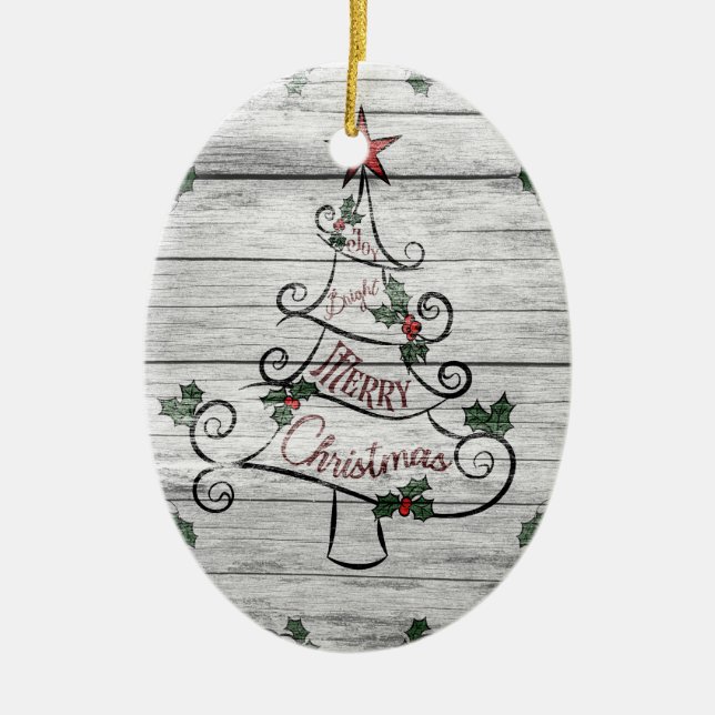 Rustikaler Stallholz Weihnachtsbaum Holly Keramik Ornament (Vorne)