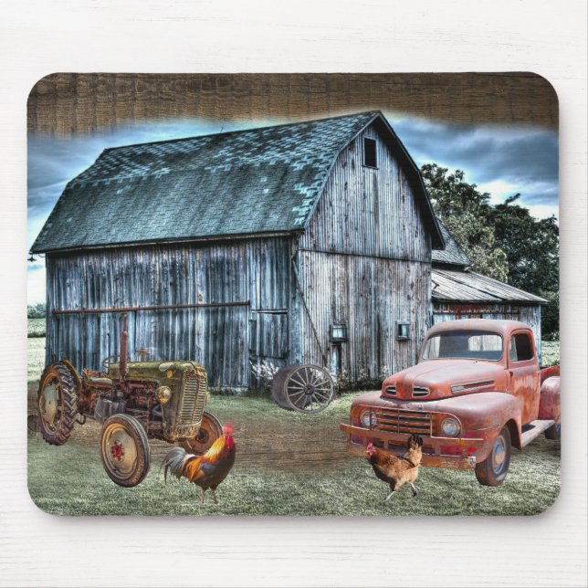 Rustikaler Stallroster Hen Farm Truck Mousepad (Vorne)