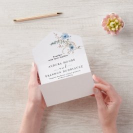 rustikaler staubblauer Wasserfarben-Blumenstrauß All In One Einladung