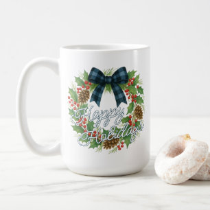 Rustikaler Stechpalmenkranz mit blau-schwarz karie Kaffeetasse