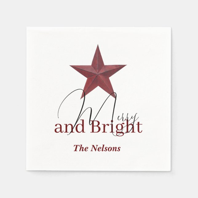 Rustikaler Stern Merry & Bright personalisiert Serviette (Vorderseite)