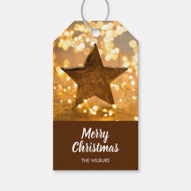 Rustikaler Stern und Weihnachtslicht Geschenkanhänger (Vorderseite)