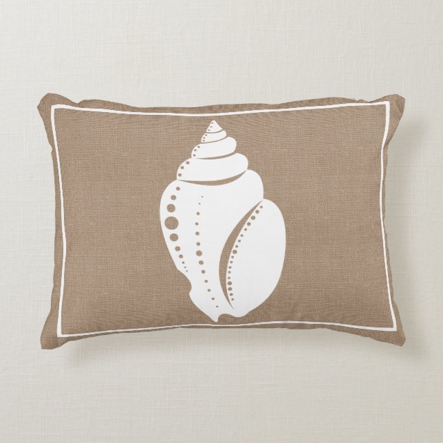 Rustikaler Strand White Seashell & Faux Burlap Dekokissen (Vorderseite)
