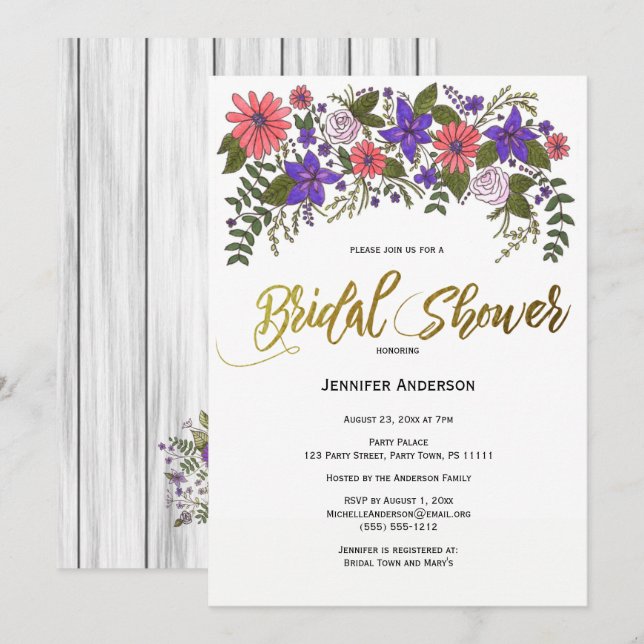 Rustikaler Strand Wood Floral Brautparty Einladung (Vorne/Hinten)